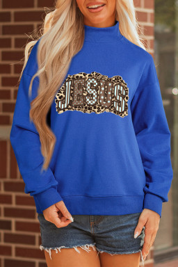 Dark Blue JESUS Playful Leopard Letter Print Mock Neck Sweatshirt