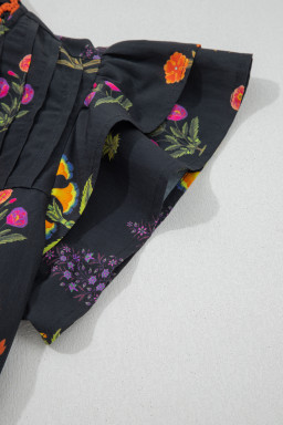 Black Floral Print Lace Trim Frilled V Neck Short Sleeve Shirt