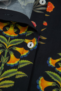 Black Floral Print Lace Trim Frilled V Neck Short Sleeve Shirt