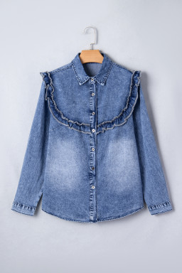 Dusk Blue Vintage Wash Denim Ruffle Detail Button Down Shirt