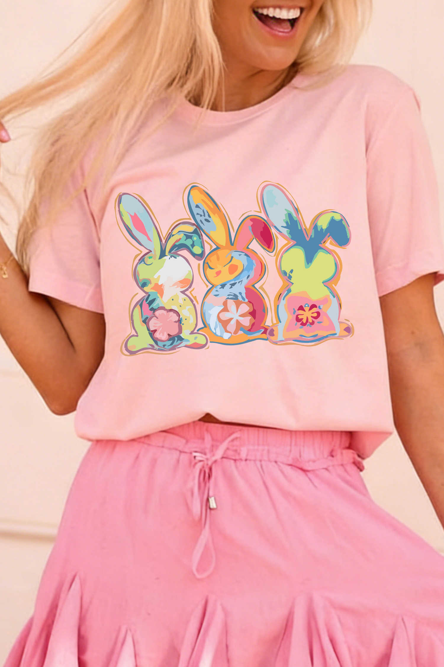 Pink Cute Doddle Bunny Easter Fashion Graphic Tee