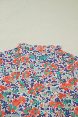 Blue Floral Print Slim Fit Mesh Long Sleeve Mock Neck Top