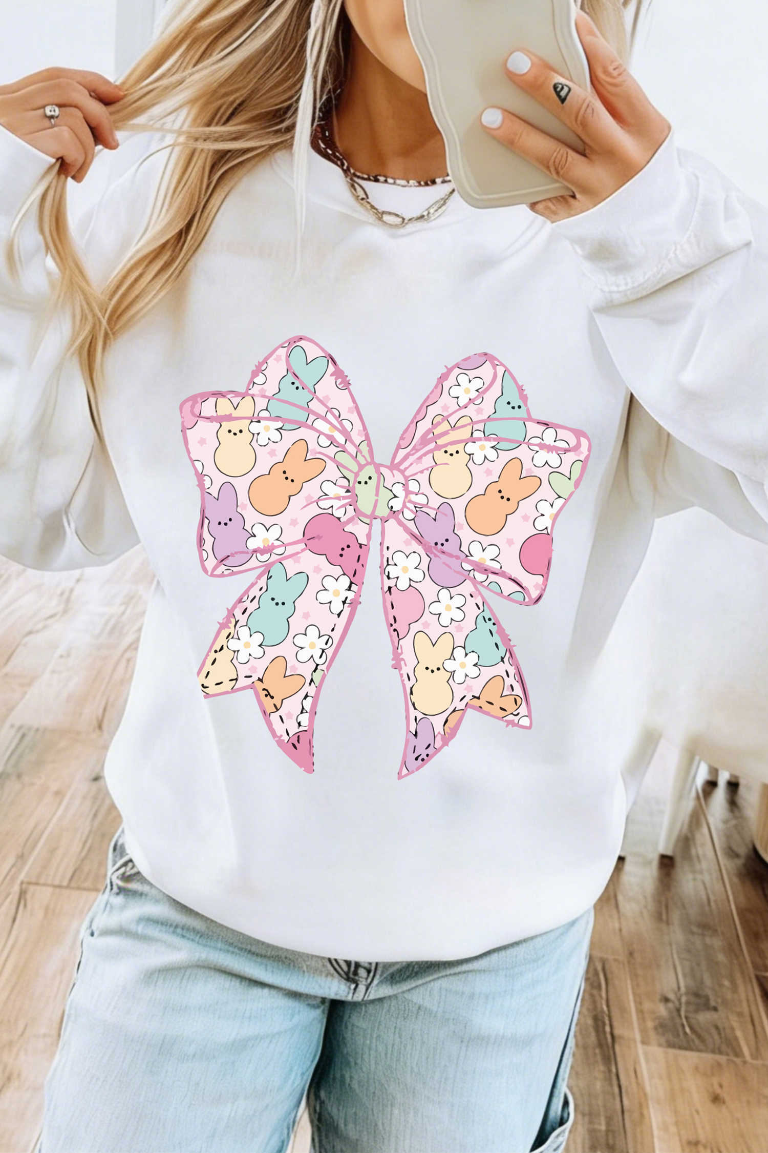 White Easter Bunny Bow Printed Casual Sweatshirt
