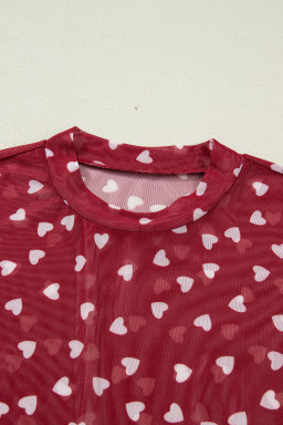 Racing Red Allover Heart Print Mesh Short Sleeve Top