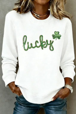 White Irish Festive Sequin lucky Clover Graphic Sweatshirt