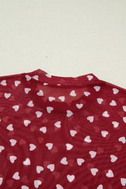 Racing Red Allover Heart Print Mesh Short Sleeve Top