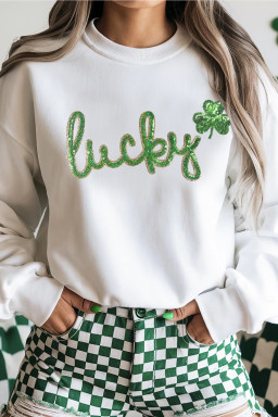 White Irish Festive Sequin lucky Clover Graphic Sweatshirt