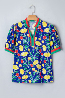 Blue Wild Floral Printed Contrast Striped Patchwork V Neck Short Sleeve Blouse