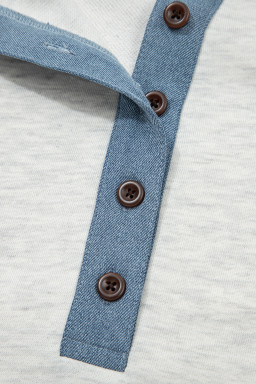 Beige Plus Size Contrast Denim Patchwork Cuffed Sleeve Polo Tee