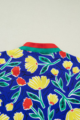 Blue Wild Floral Printed Contrast Striped Patchwork V Neck Short Sleeve Blouse