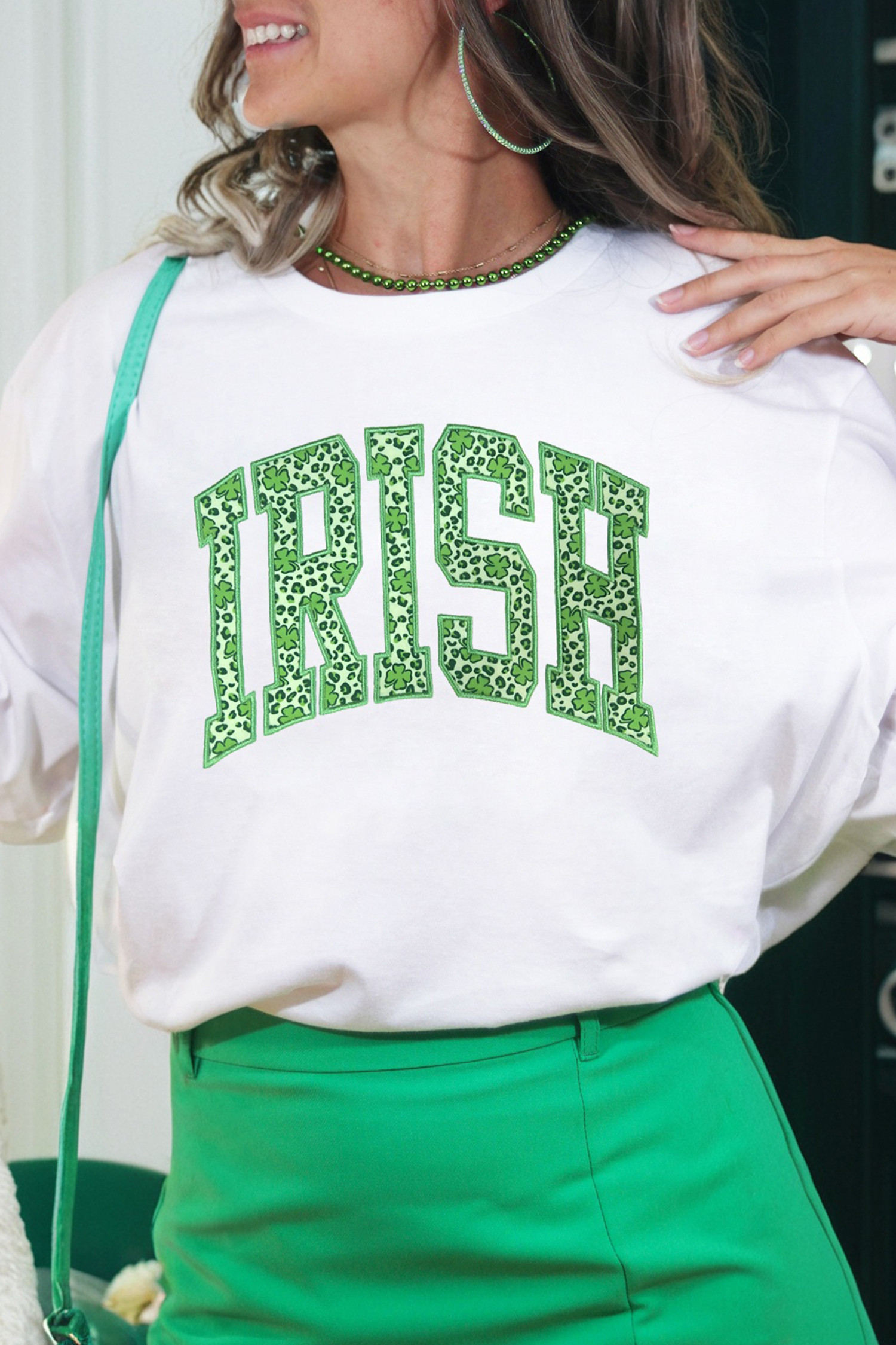 White IRISH Leopard Clover Embroidered Patch Graphic Tee