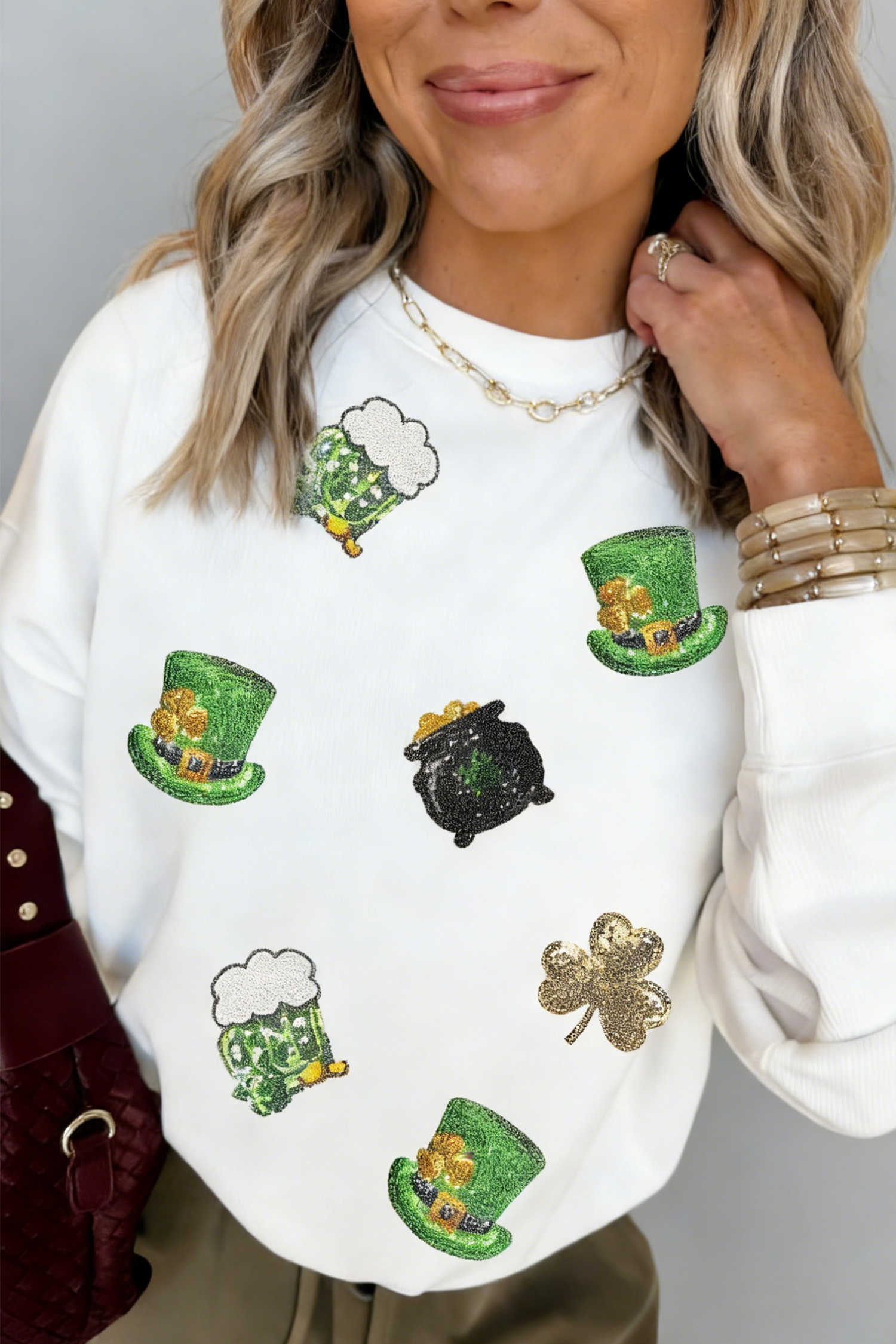 White Cheerful St Patricks Day Sequin Graphic Sweatshirt