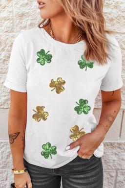 White 2-tone Sequin Clovers St Patricks Day T Shirt