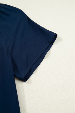 Navy Blue Button Detail Leopard Metallic Trim Short Sleeve Tunic Dress