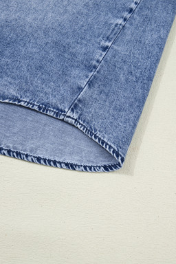 Dusk Blue Vintage Wash Denim Ruffle Detail Button Down Shirt