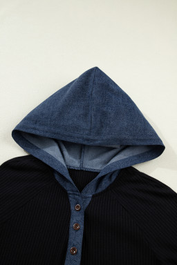 Black Ribbed Knit Contrast Denim Patchwork Hooded Long Sleeve Top