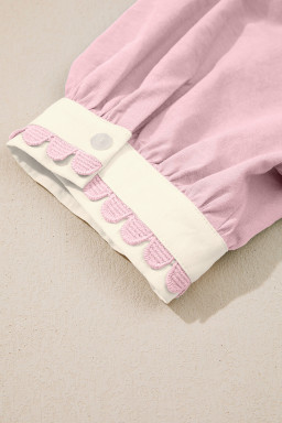 Light Pink Scallop Color Block Trim Puff Sleeve Mini Dress