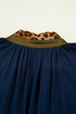 Navy Blue Button Detail Leopard Metallic Trim Short Sleeve Tunic Dress