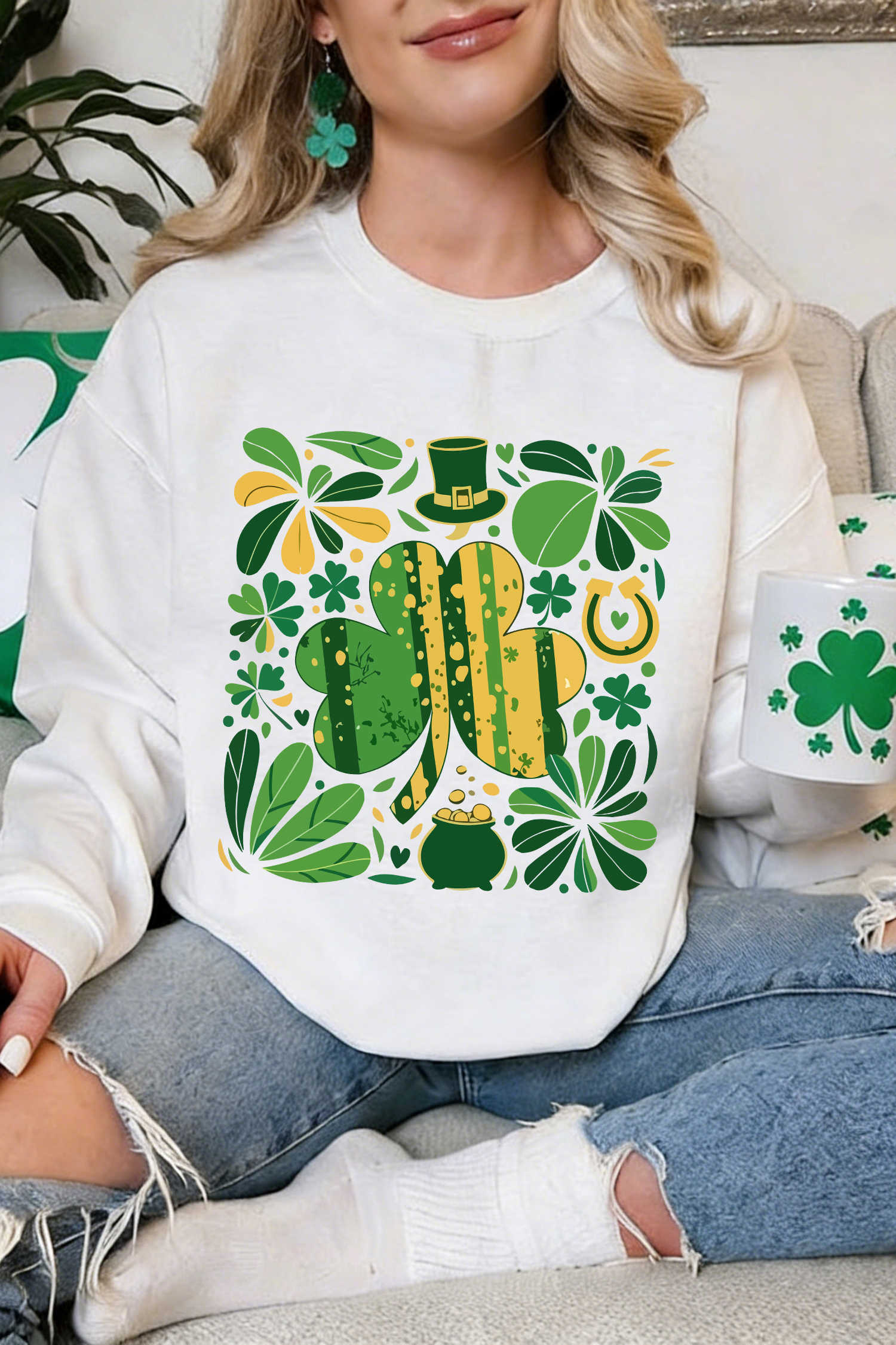 White St Patricks Day Clover Clipart Graphic Sweatshirt