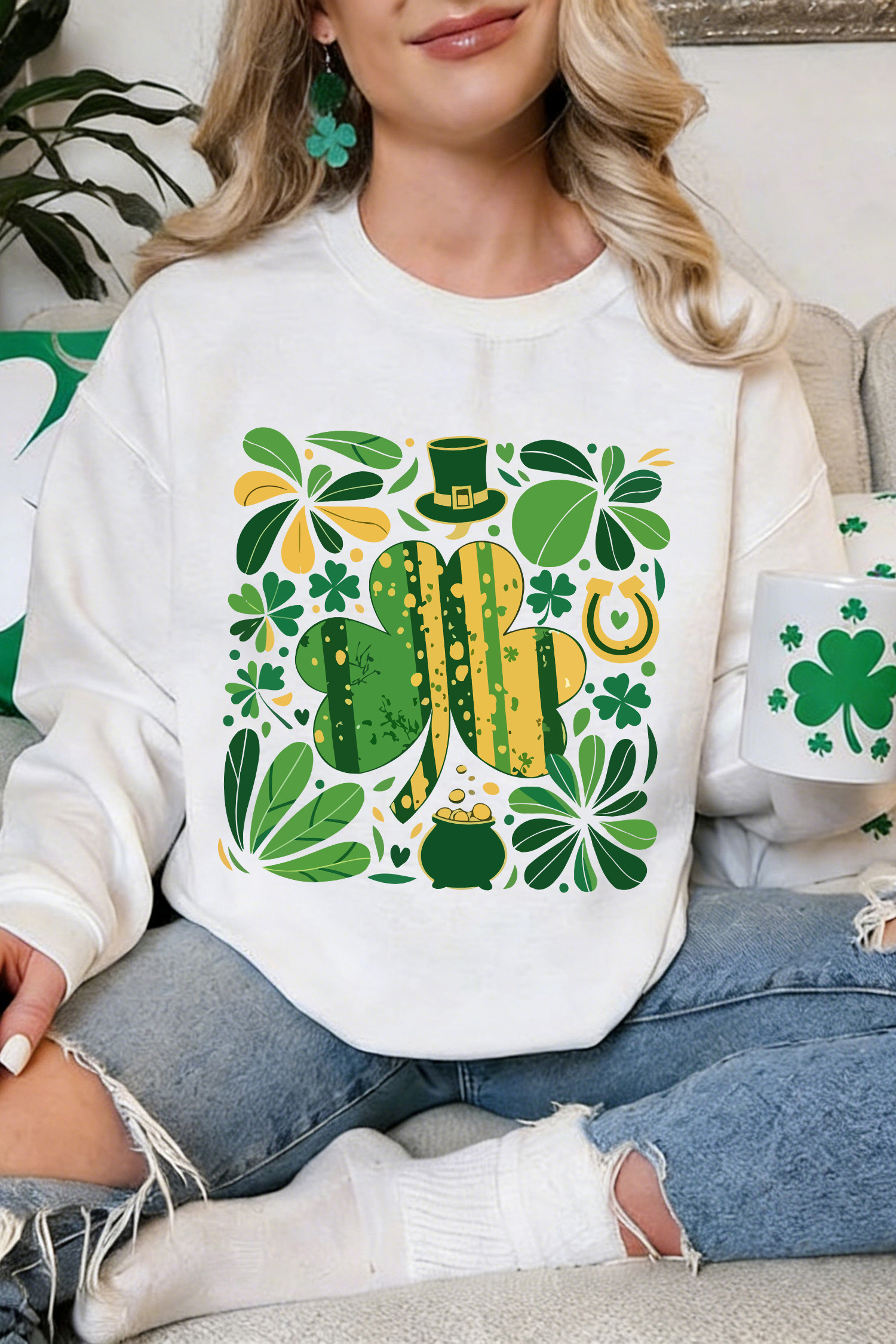 White St Patricks Day Clover Clipart Graphic Sweatshirt