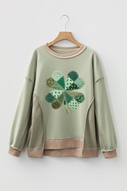 Smoke Green Waffled Color Block St Patricks Day Clover Patched Baggy Sweatshirt