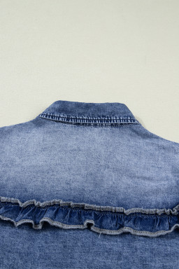 Dusk Blue Vintage Wash Denim Ruffle Detail Button Down Shirt