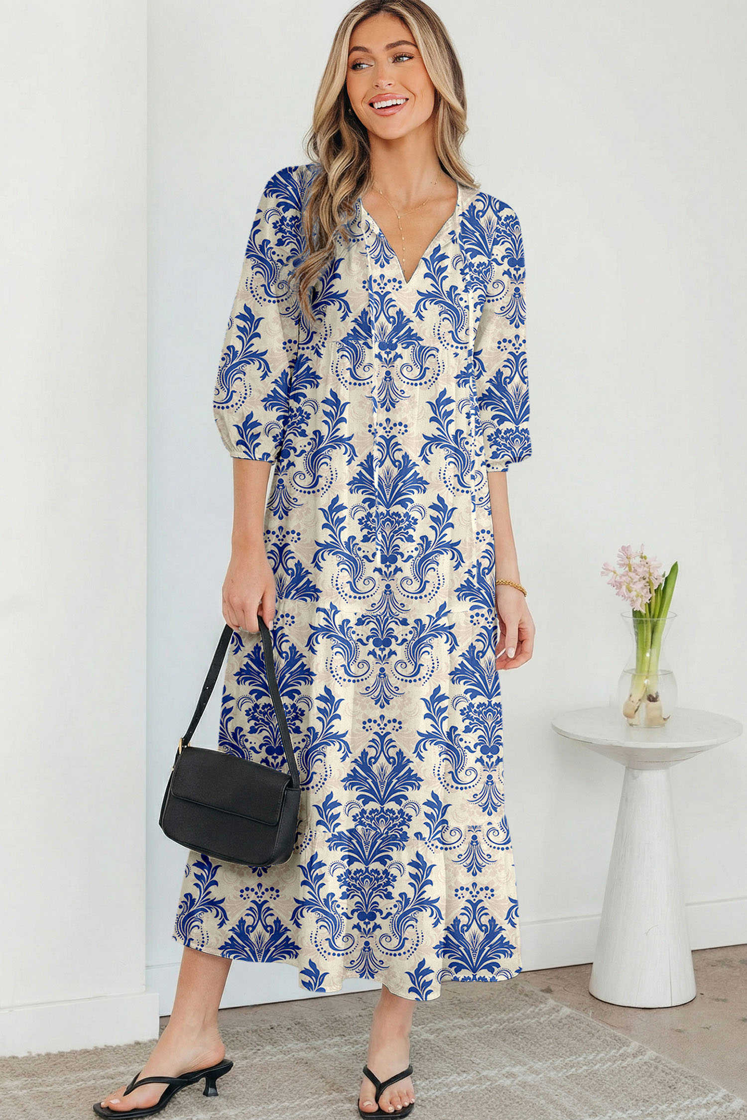 Sky Blue Boho Printed Half Sleeve Maxi Dress