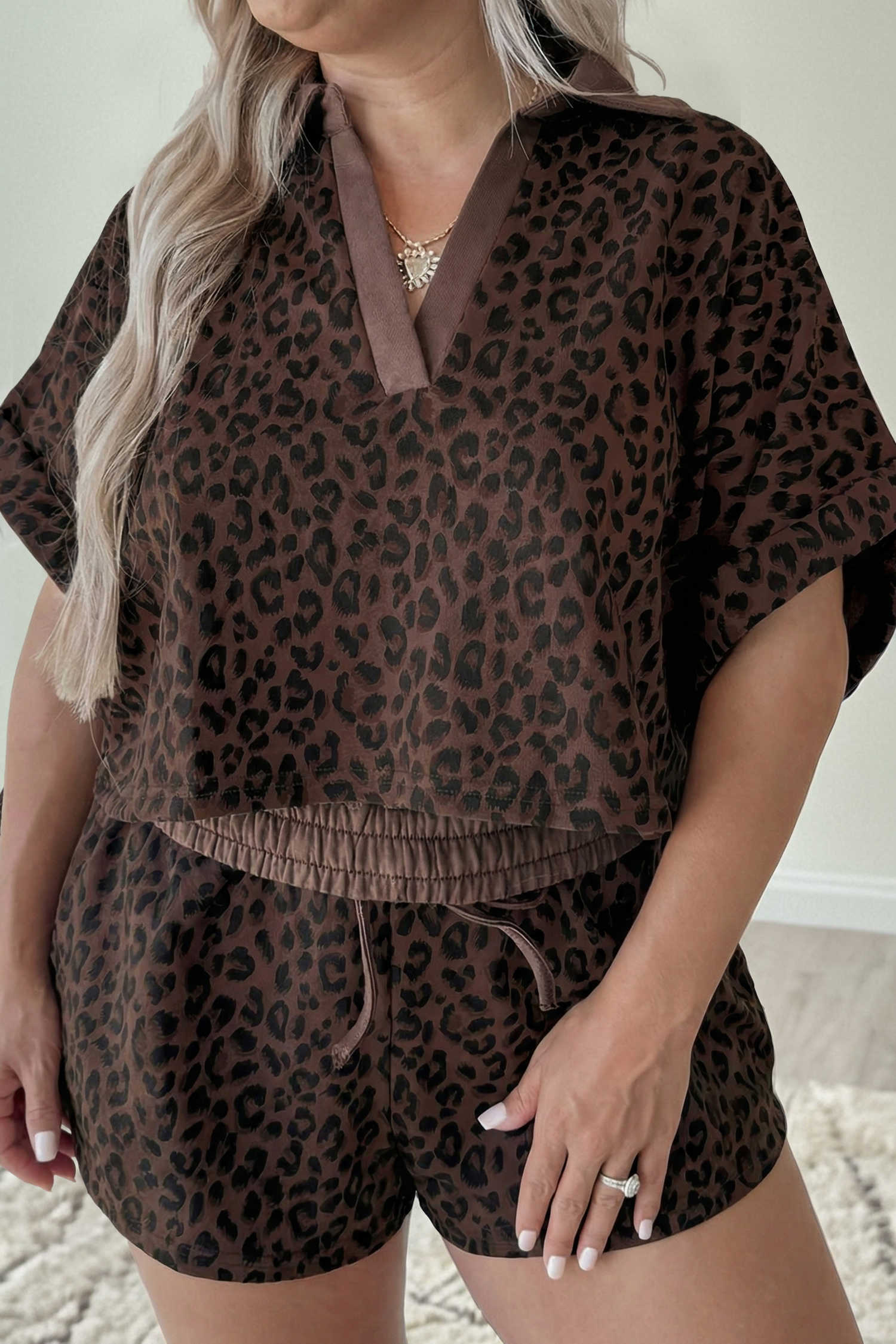 Brown Plus Size Leopard Short Set