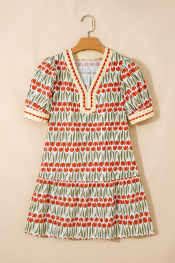 White Tulip Floral Print Cotton Puff Short Sleeve Mini Dress