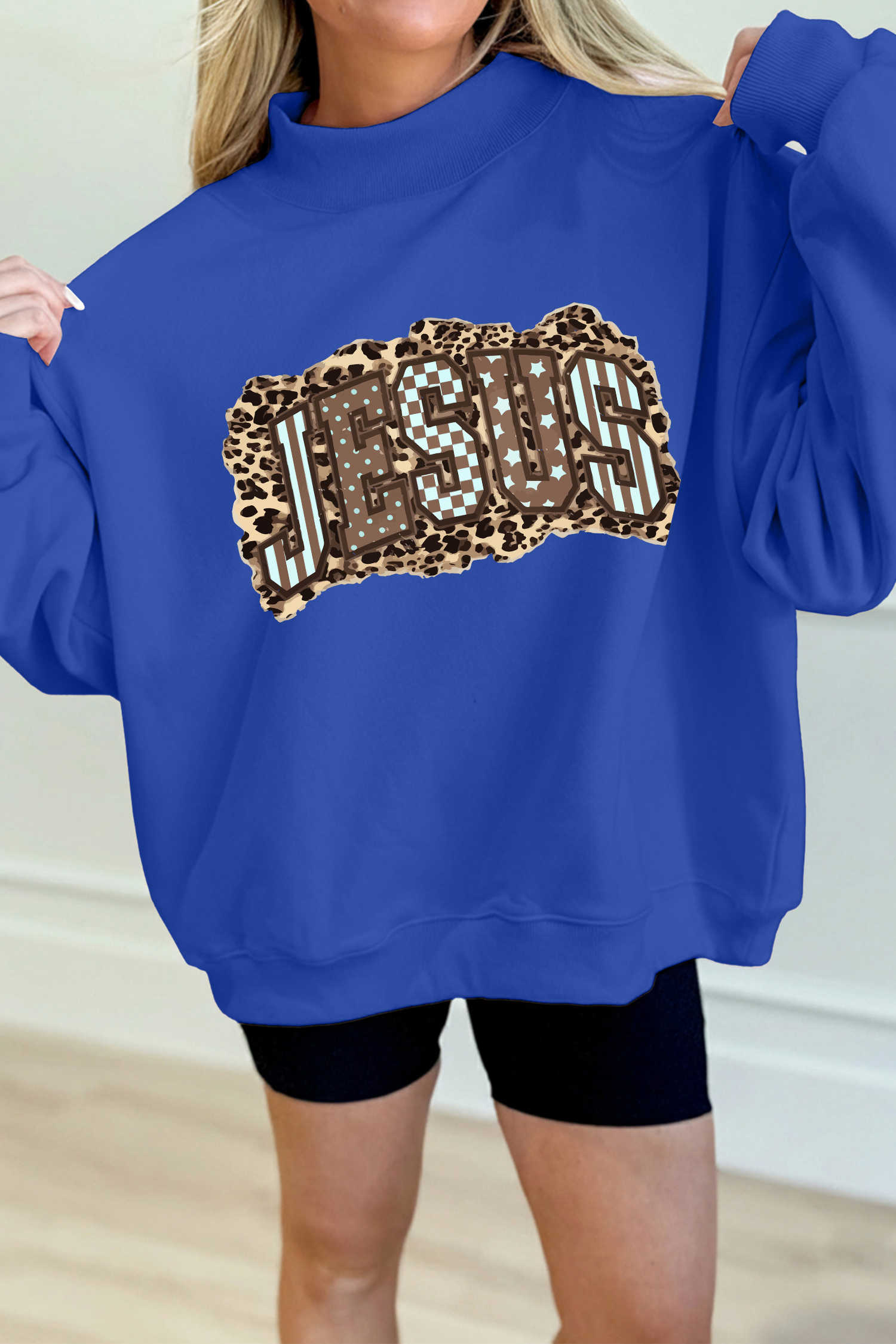 Dark Blue JESUS Playful Leopard Letter Print Mock Neck Sweatshirt