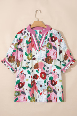 Pink V Neck Short Puff Sleeve Plus Size Floral Blouse
