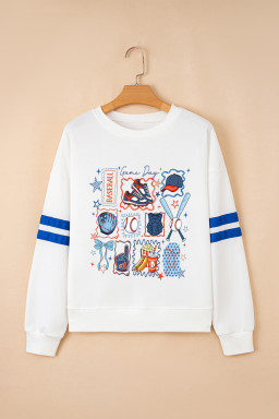 White Baseball Game Day Printed Varsity Striped Sweatshirt