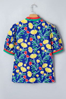 Blue Wild Floral Printed Contrast Striped Patchwork V Neck Short Sleeve Blouse