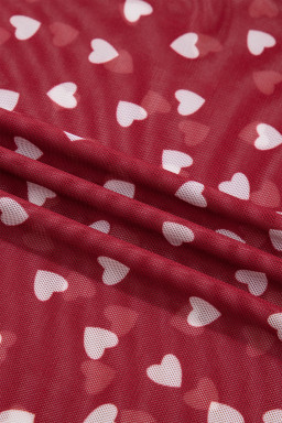 Racing Red Allover Heart Print Mesh Short Sleeve Top