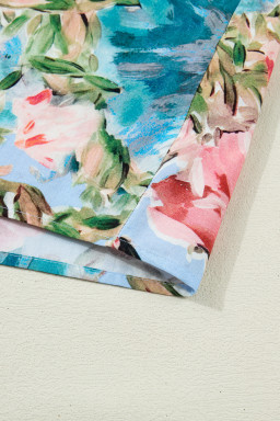 Sky Blue Contrast Trim V Neck Cuffed Bracelet Sleeve Floral Blouse