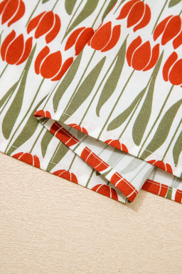 White Tulip Floral Print Cotton Puff Short Sleeve Mini Dress