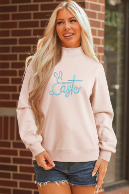 Apricot Pink Happy Easter Chic Bunny Embroidered Mock Neck Sweatshirt