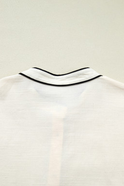 Beige Contrast Color Trim Button Down Long Puff Sleeve Shirt