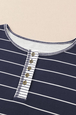 Navy Blue Striped Buttoned Henley Waffle Knit Top