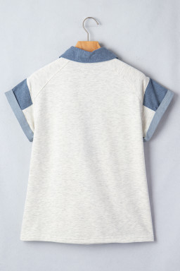 Light Grey Denim Color Block Patchwork Shirt Collar Short Sleeve Blouse