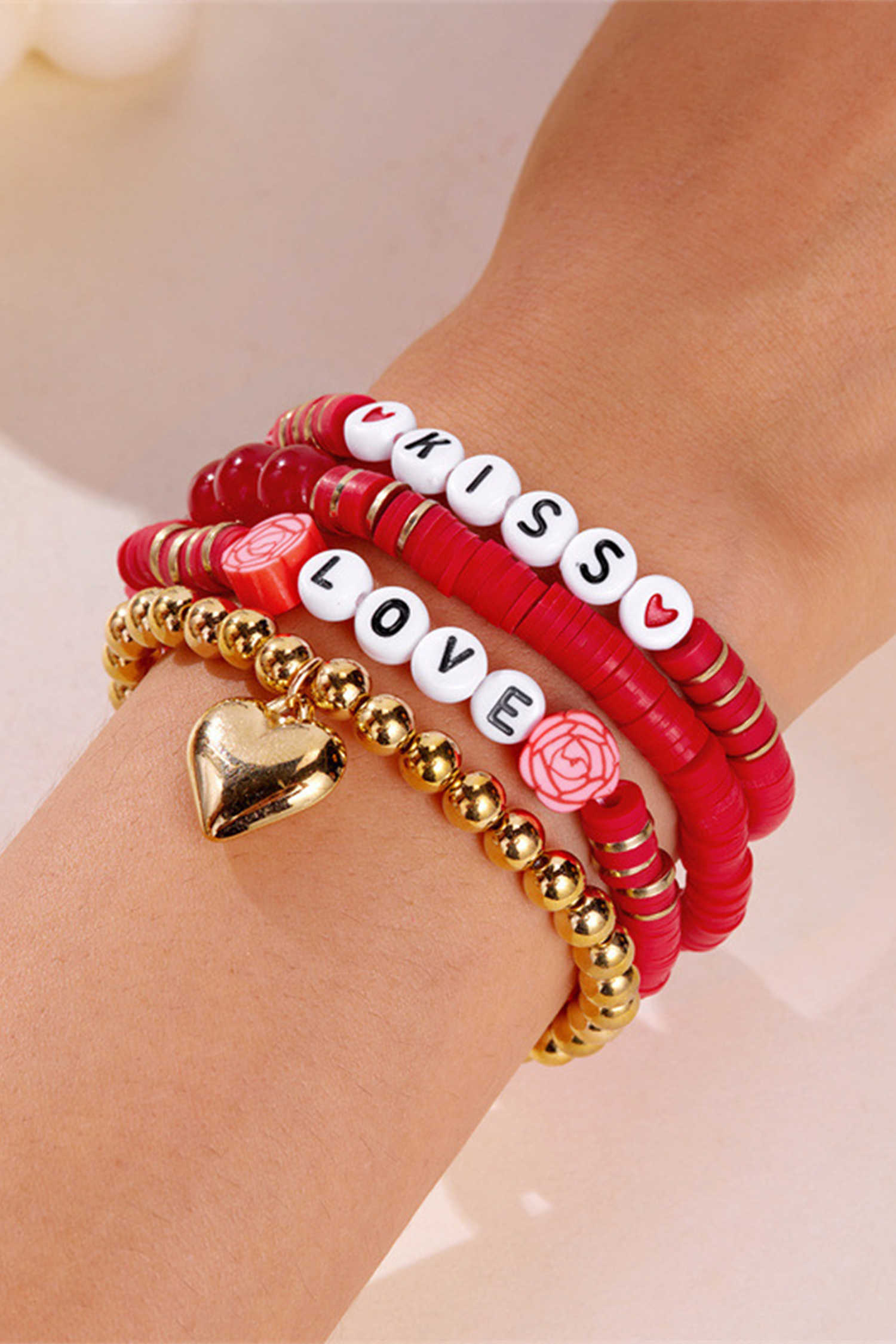 Fiery Red KISS LOVE Valentines Day Golden Beading Bracelets 4pcs Set