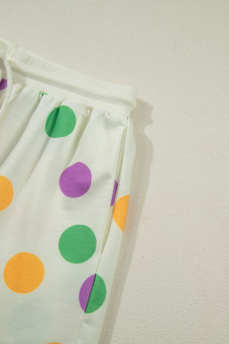 Multicolour Polka Dot Print Drop Shoulder Pullover Drawstring Shorts Set
