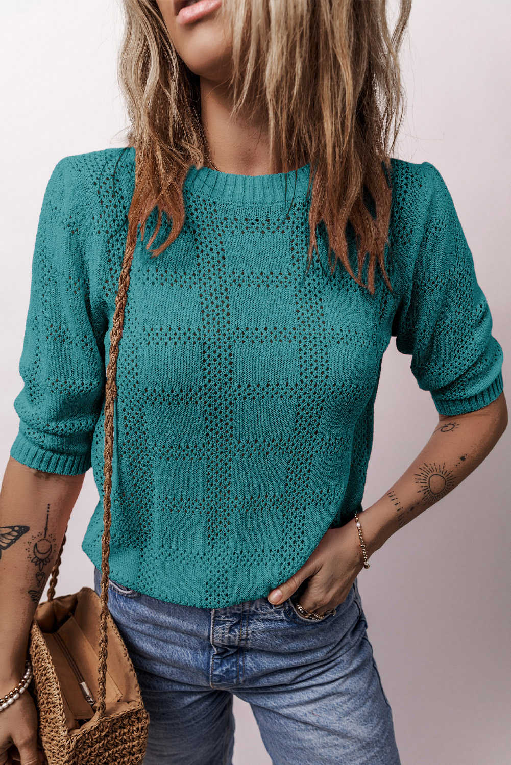 Skobeloff Plaid Pattern Crochet Knit Short Sleeve Sweater