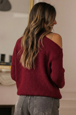 Burgundy Lace Bowknot Asymmetric Neck Sweater