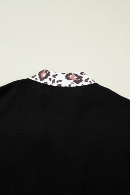 Black Dolman Half Sleeve Leopard Patchwork Trim V Neck Blouse
