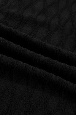 Black Solid Color Textured Notched Neck Puff Sleeve Blouse