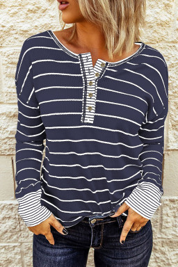 Navy Blue Striped Buttoned Henley Waffle Knit Top