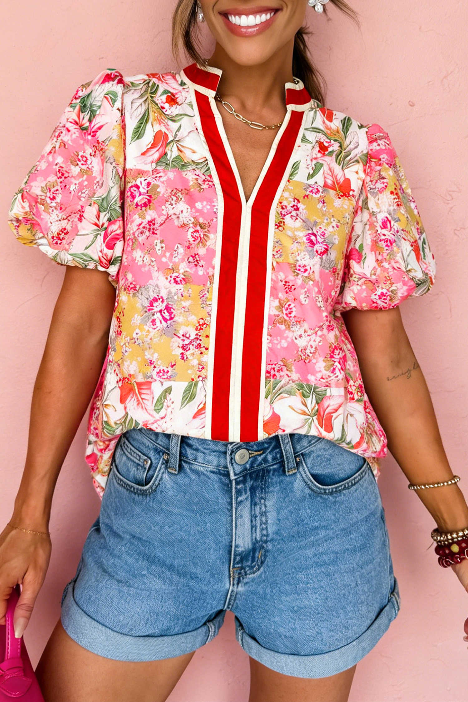 Pink Contrast Collared V Neck Short Sleeve Floral Blouse