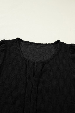 Black Solid Color Textured Notched Neck Puff Sleeve Blouse