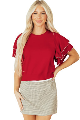 Racing Red Pearl Embellished Double Ruffle Short Sleeve Sweater